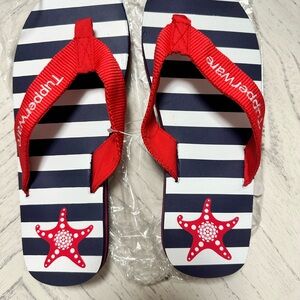 Tupperware Navy and White Striped Flip Flops with Red Accents